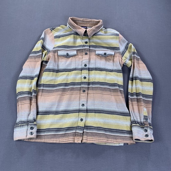 Patagonia Shirt Womens Small Bearfoot Tan Striped Fjord Flannel Outdoors Hiking - Picture 2 of 13